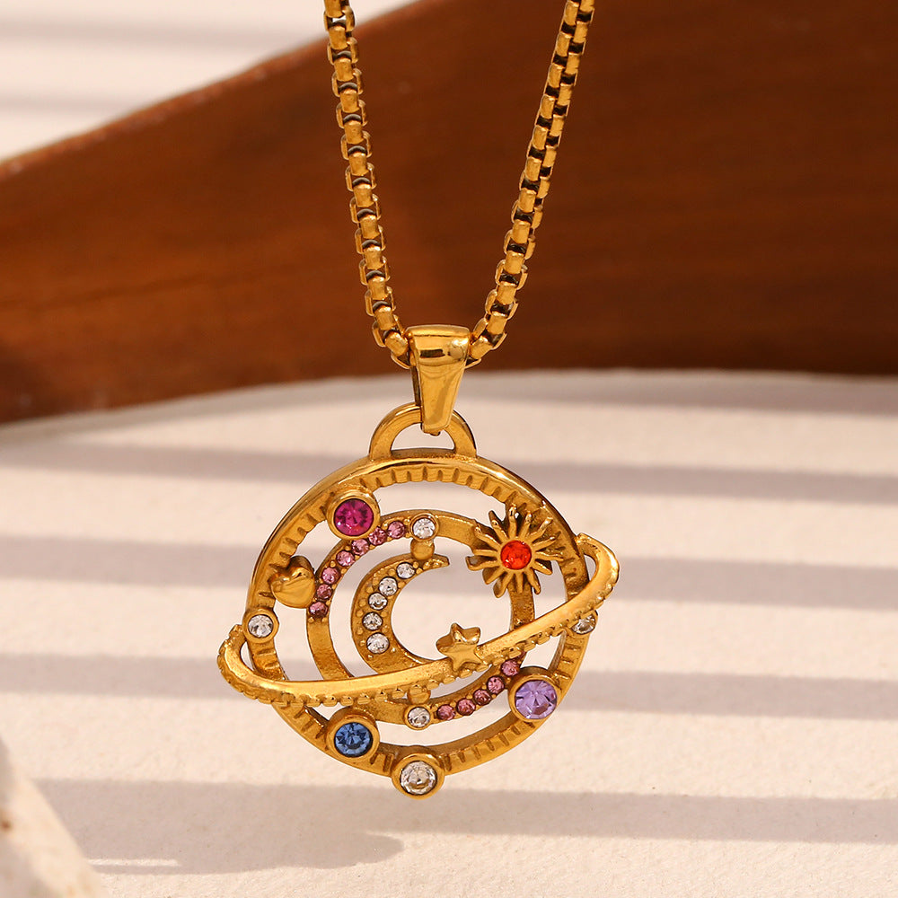 Minimalist Geometric Compass Pendant Necklace for Women in Stainless Steel with 18K Gold Plating and Colorful Rhinestones