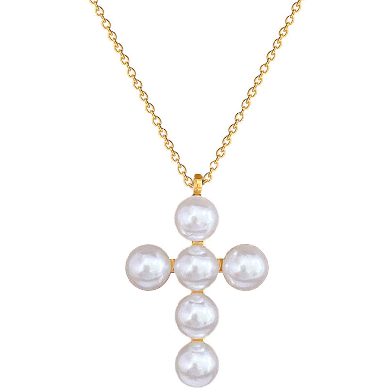 Collana a croce geometrica minimalista in acciaio al titanio con accento floreale