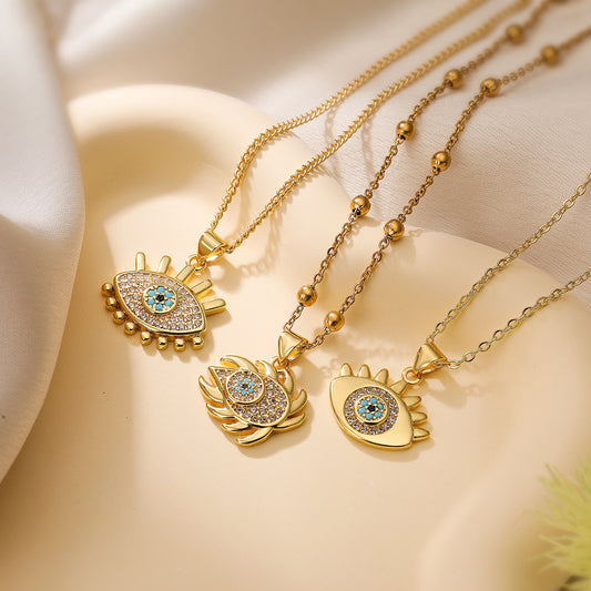 Collar minimalista geométrico de cobre con baño de oro de 18K y colgante de ojo turco de circonita para mujer