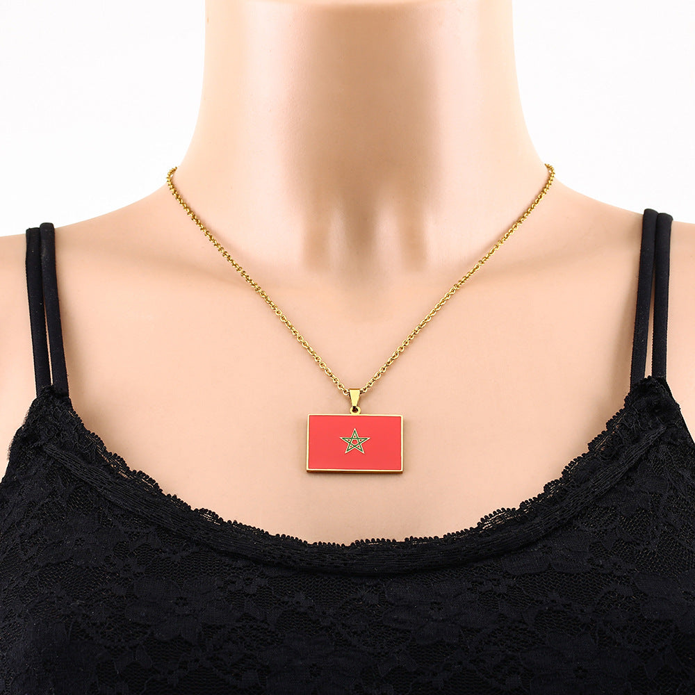 Collar colgante geométrico de esmalte marroquí vintage para mujeres y hombres en acero inoxidable con cadena tipo O