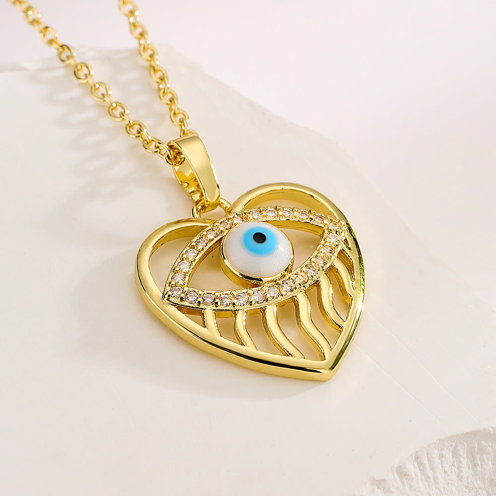 Minimalist Geometric Hollow Demon Eye Pendant Necklace for Women in Copper with 18K Gold Plating