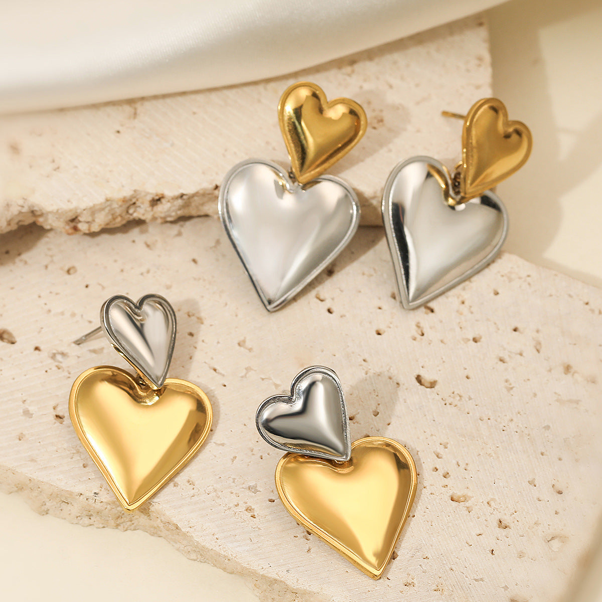Minimalist Heart-Shaped Stainless Steel Earrings for Women with Contrasting Color Accent and Geometric Design