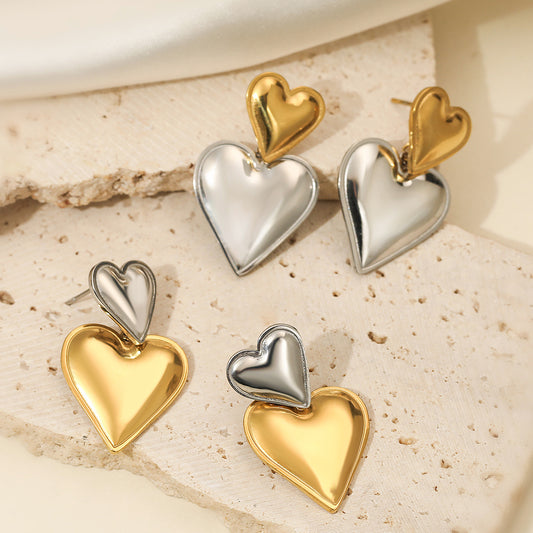 Pendientes minimalistas de acero inoxidable con forma de corazón para mujer, con acento de color contrastante y diseño geométrico