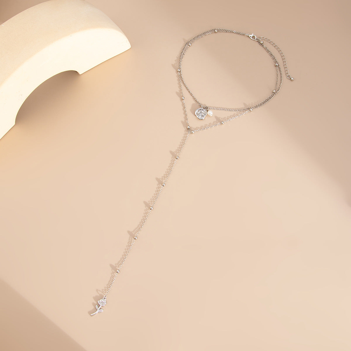 Minimalist Rose Y-Shaped Long Pearl-Style Pendant Necklace for Women with Gold-Plated Alloy and Imitation Pearl Accents on Ball Chain
