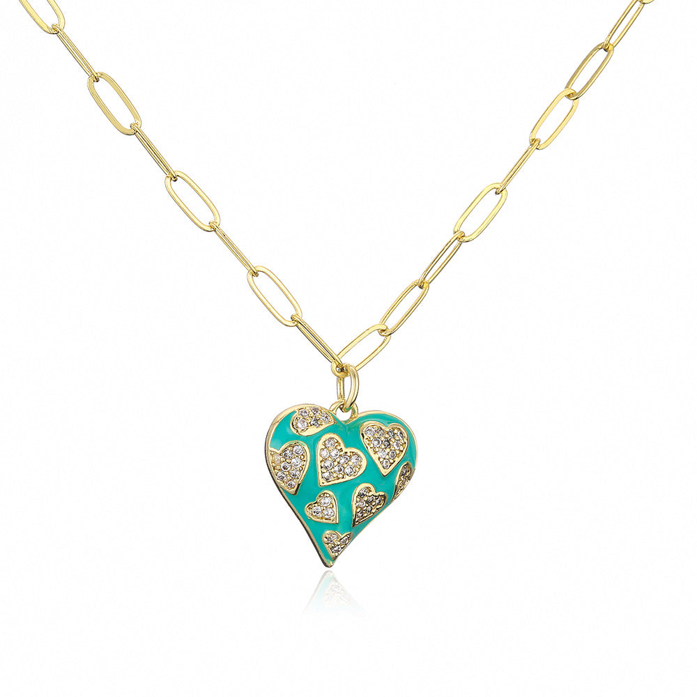 Retro Heart Pendant Necklace for Women with Copper Base Plated in 18K Gold and Enamel Finish, Set with Cubic Zirconia