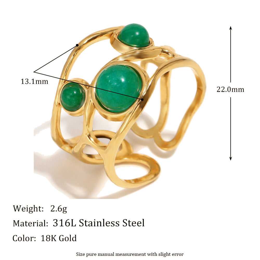Anello Vintage Francese in Acciaio Inossidabile con Design Geometrico, Placcatura in Oro 18K e Accento Smeraldo per Donna