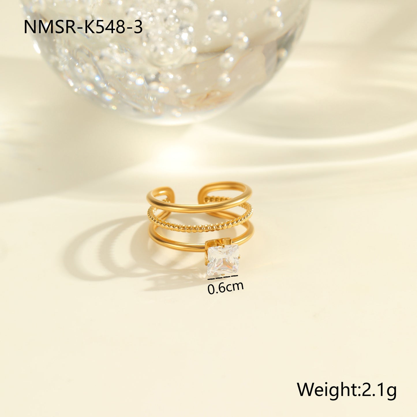 Luxury Geometric Stainless Steel Ring with Zircon Inlay and 18K Gold Plating Adjustable Women's Fashion Ring