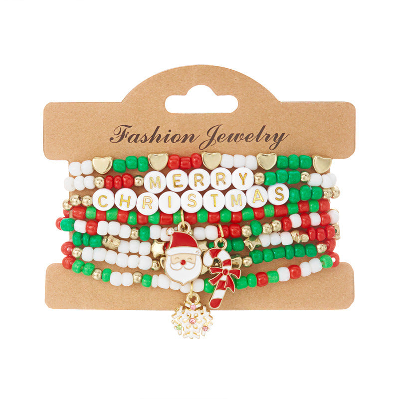 Bracciale Elastico Natalizio alla Moda con Perline in Lega e Ciondoli a Forma di Fiocco di Neve, Renna e Babbo Natale per Donna