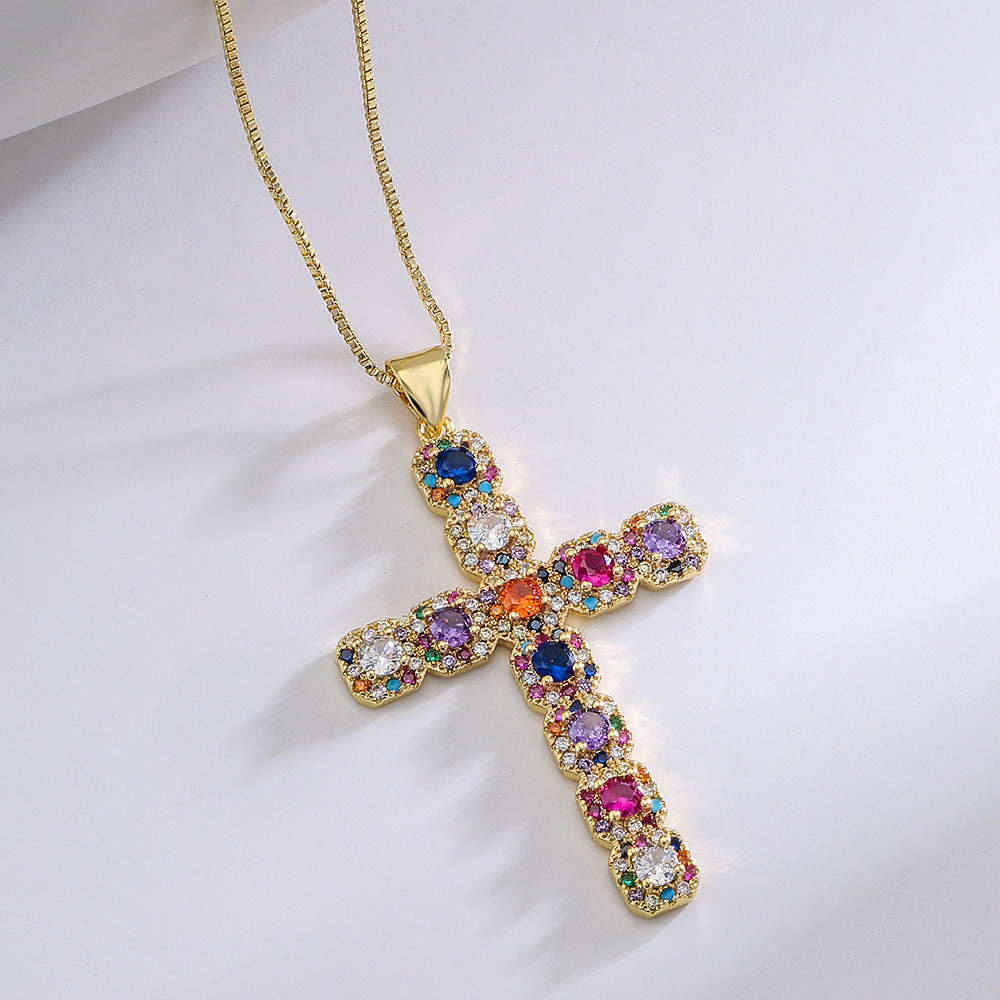 Minimalist Geometric Pendant Necklace for Women Made of Brass with Real Gold Plating and Rainbow Zircon Inlay