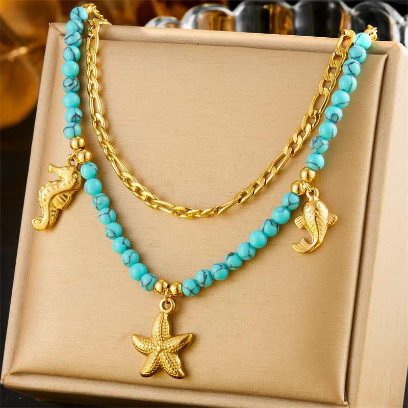 Collar Vintage de Acero Inoxidable con Baño de Oro, Temática Oceánica, con Colgantes de Caballito de Mar, Estrella de Mar, Carpa y Cuentas Turquesas