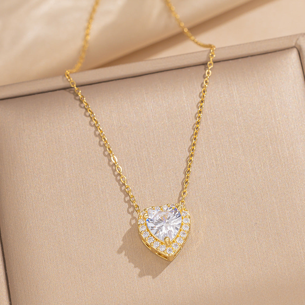 Luxury Minimalist Heart-Shaped Zirconia-Set Titanium Steel Necklace Set for Women with Earrings and Bracelet