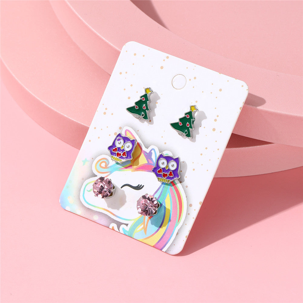 Juego de pendientes de unicornio de dibujos animados con arcoíris para niños, aleación con acabado esmaltado e incrustaciones de cristal rosa