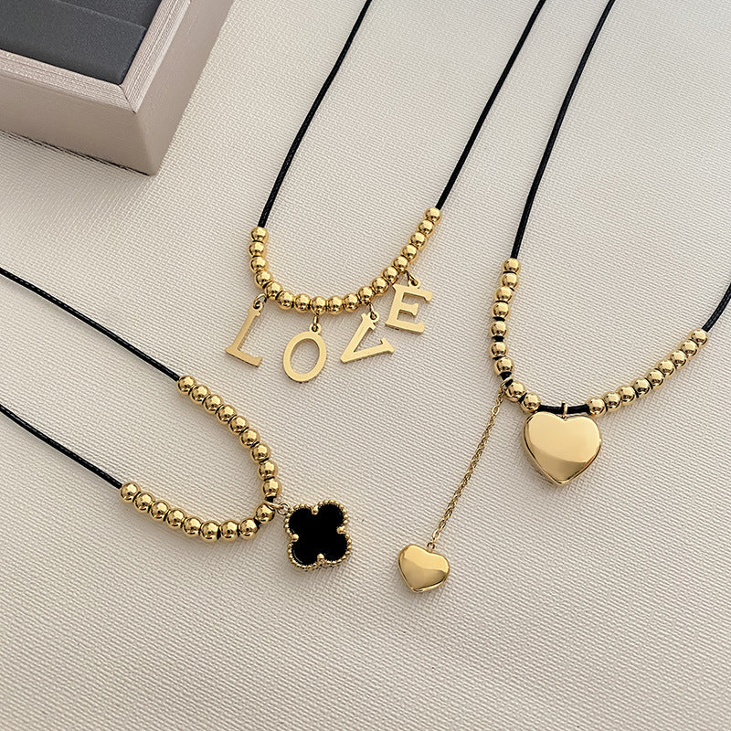 Vintage Black Gold Plated Titanium Steel Heart Geometric Pendant Necklace for Unisex