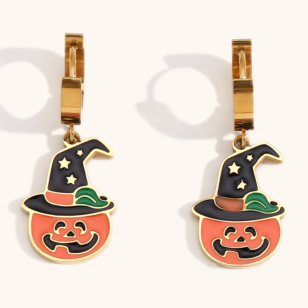 Orecchini a forma di teschio di zucca carini per Halloween in acciaio inossidabile con placcatura in oro 18 carati, design geometrico, stile ufficio alla moda