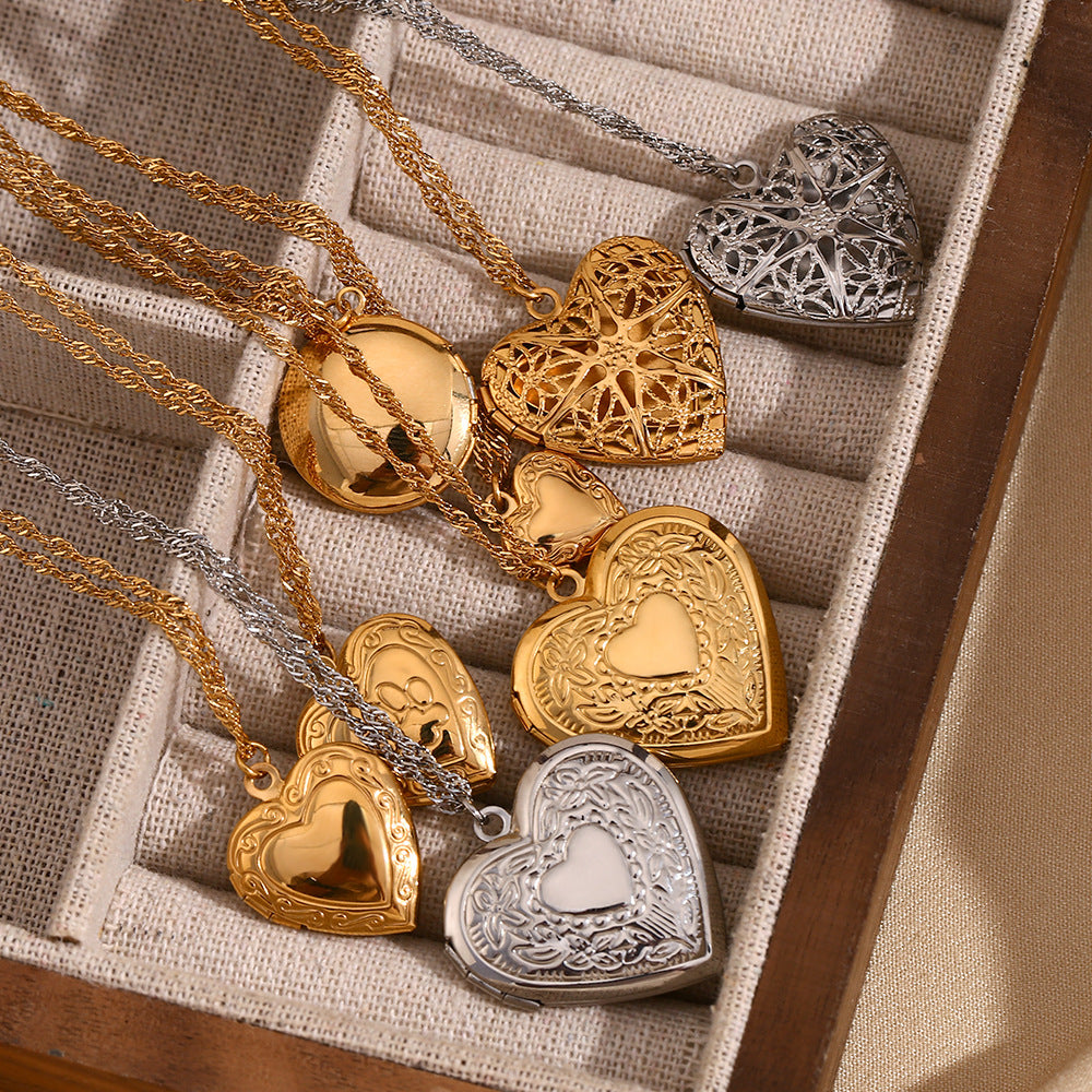 Geometric Vintage Pendant Necklace for Women Stainless Steel with 18K Gold Plating Heart-Shaped Photo Locket