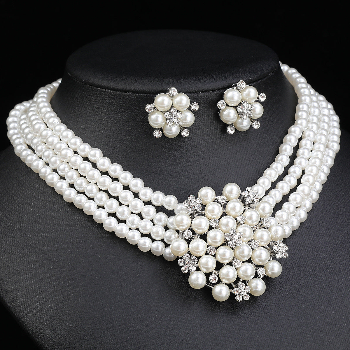 Elegant Floral Pearl Necklace and Earrings Set for Women Lightweight Luxury Style Multi-Strand Pearl Choker with Alloy Pendant and Beaded Construction