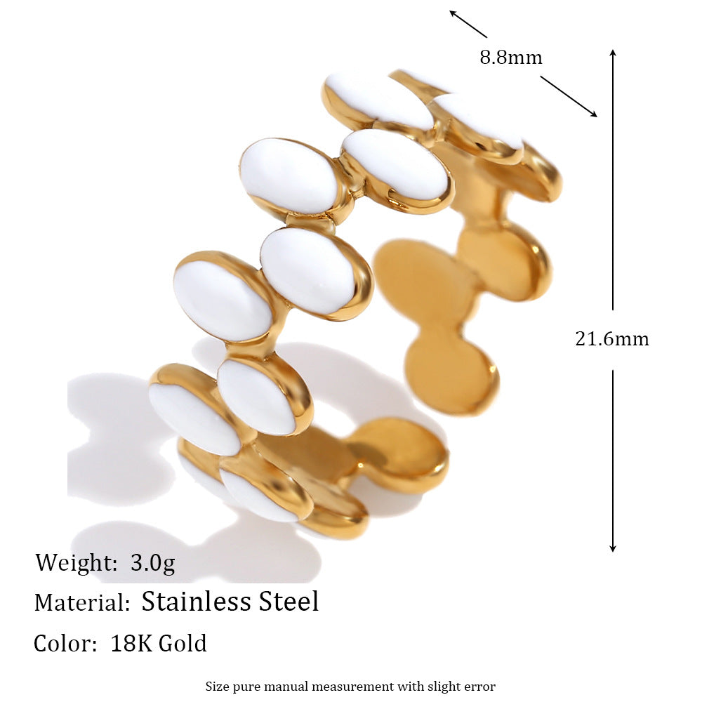 Minimalist Geometric Stainless Steel Ring with 18K Gold Plating and White Enamel Finish for Women