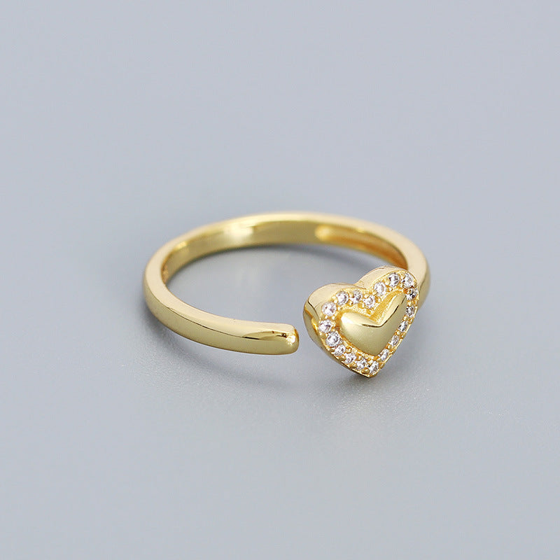 Sweet Heart-Shaped S925 Sterling Silver Adjustable Ring with Rhinestone Inlay for Women