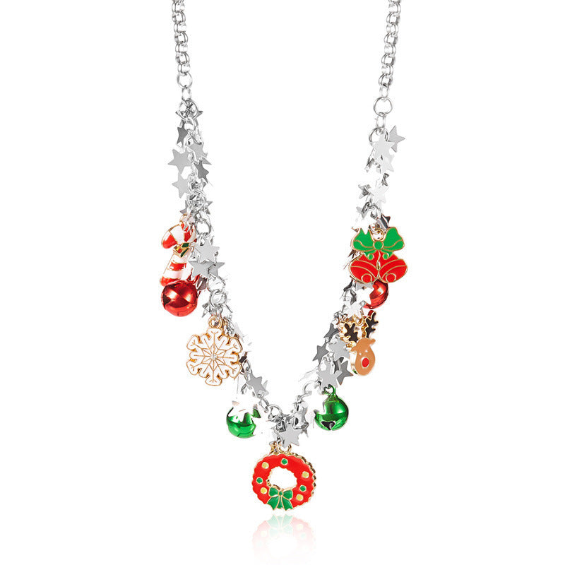 Collar temático navideño con dijes de copo de nieve y reno, colgante chapado en aleación de zinc para mujer, joyería festiva navideña
