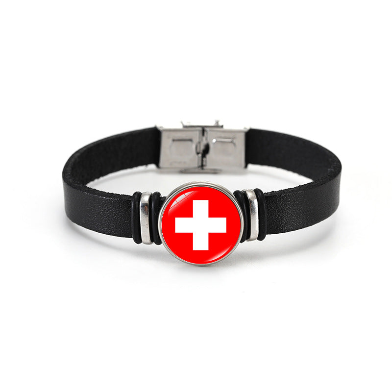 Geometric Plated Leather Bracelet Unisex World Cup Flag Design Casual Wristband