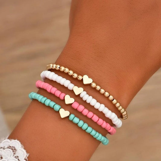 Bohemian Handmade Elastic Beaded Bracelet with Heart Shape and Geometric Design in Colored Seed Beads with Plated Finish