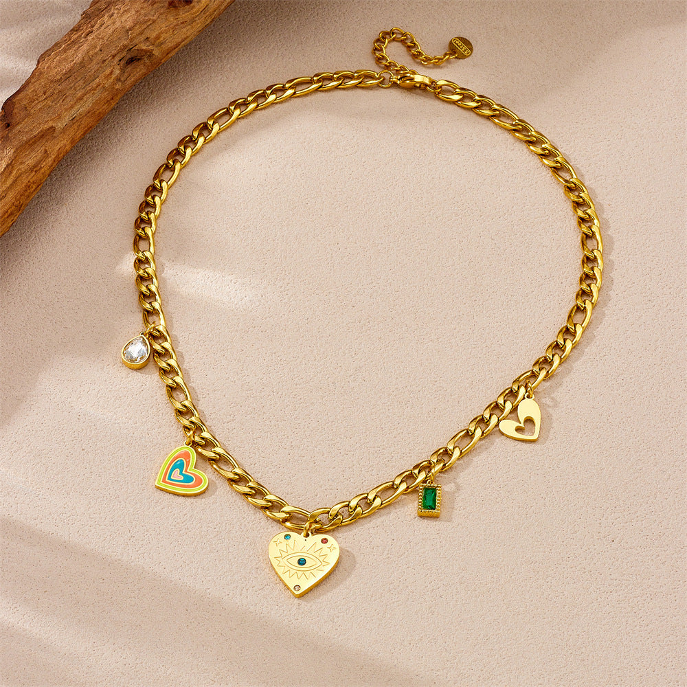Fashionable Heart-Shaped Enamel Pendant Necklace with Rhinestone Inlay on Gold-Plated Stainless Steel Snake Chain for Women