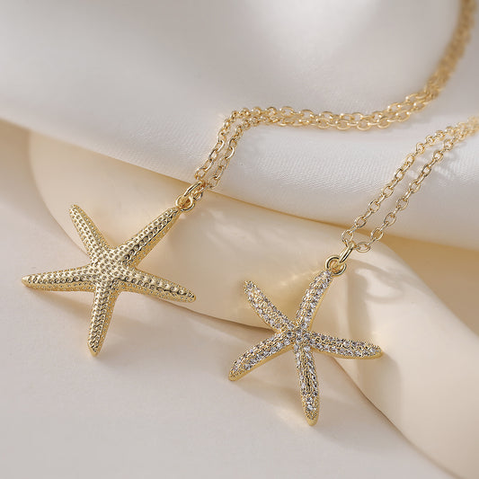 Elegant 18K Gold Plated Brass Starfish Cubic Zirconia Pendant Necklace for Women
