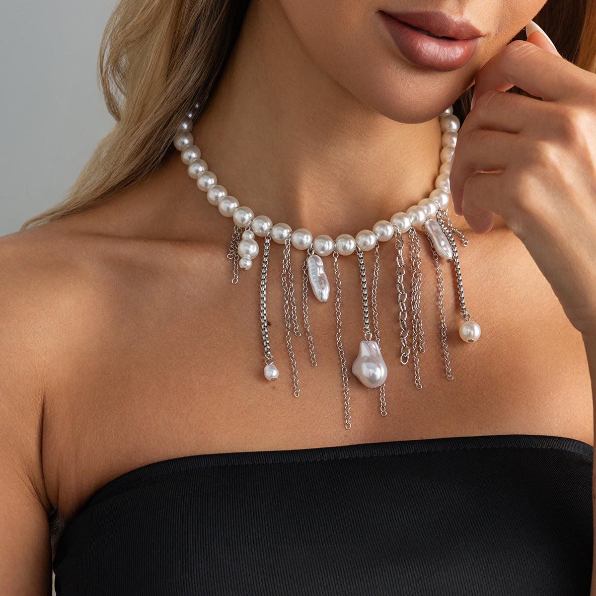 Sweet Geometric Baroque Pearl Tassel Pendant Necklace Multi-layer Ball Chain for Women