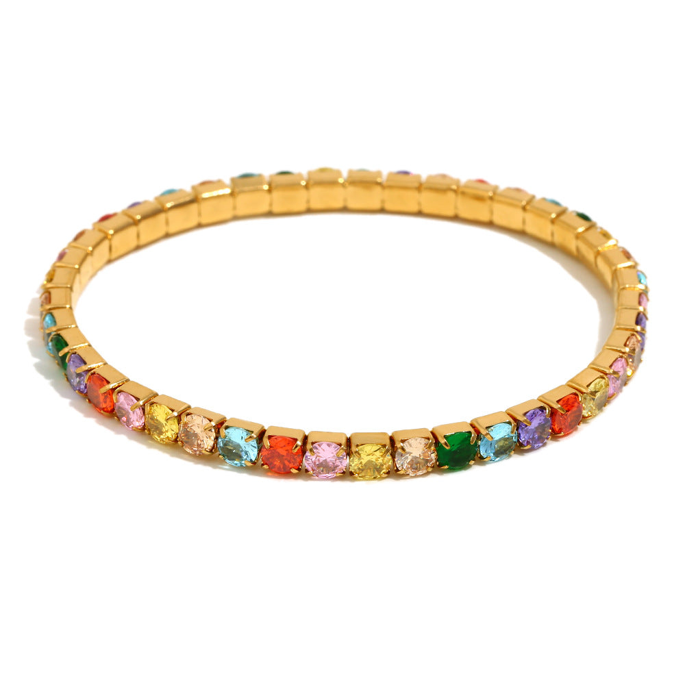Fashionable Minimalist Geometric Stainless Steel Plated 18K Gold Elastic Bracelet with Colorful Zircon for Women