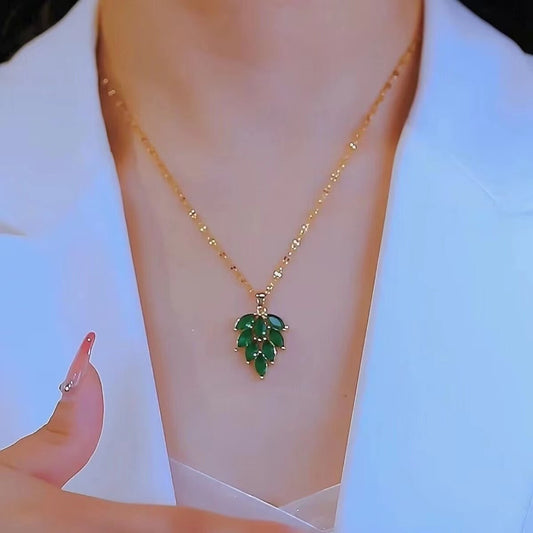 Minimalist Leaf-Shaped Titanium Steel Necklace with Green Zircon Inlay, Snake Chain Style for Women and Men