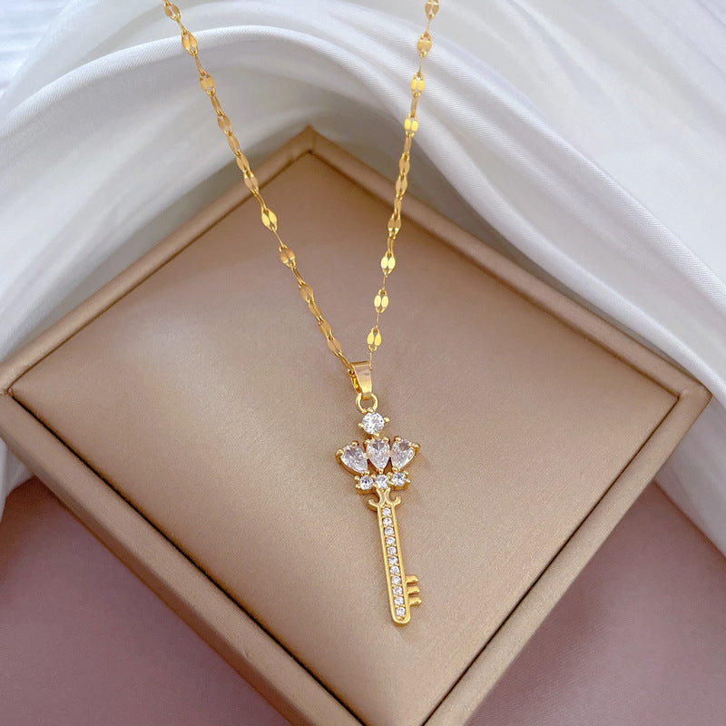 Luxury Titanium Steel Geometric Crown Key Pendant Necklace for Women Collar Chain