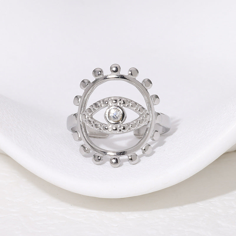 Anello Aperto Geometrico Minimalista da Donna in Acciaio Inossidabile con Placcatura in Oro 18 carati e Occhio di Allah con Strass