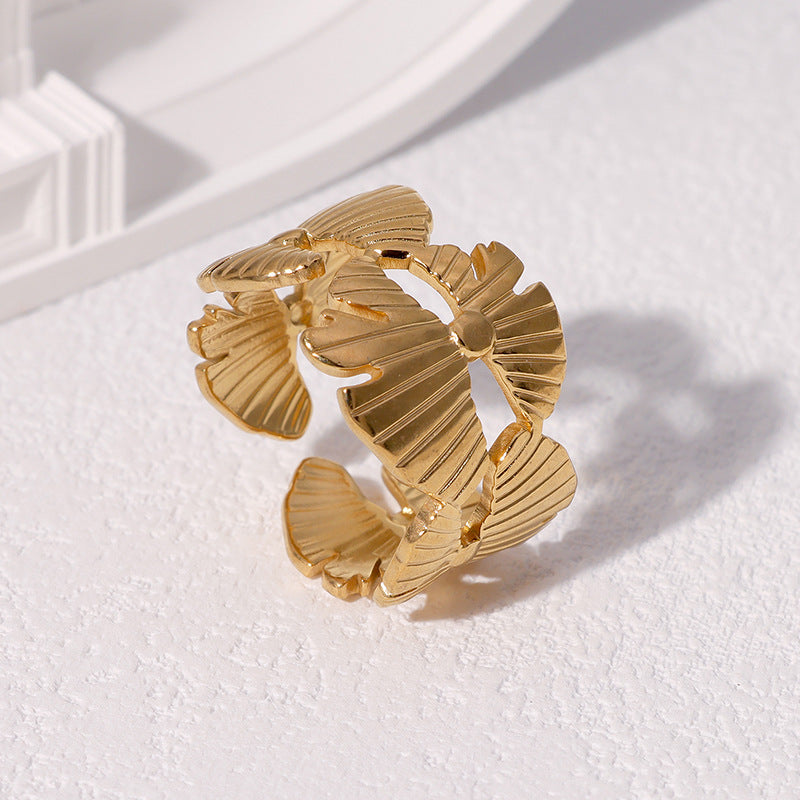 Minimalist 18K Gold Plated Stainless Steel Ginkgo Leaf Open Ring for Women