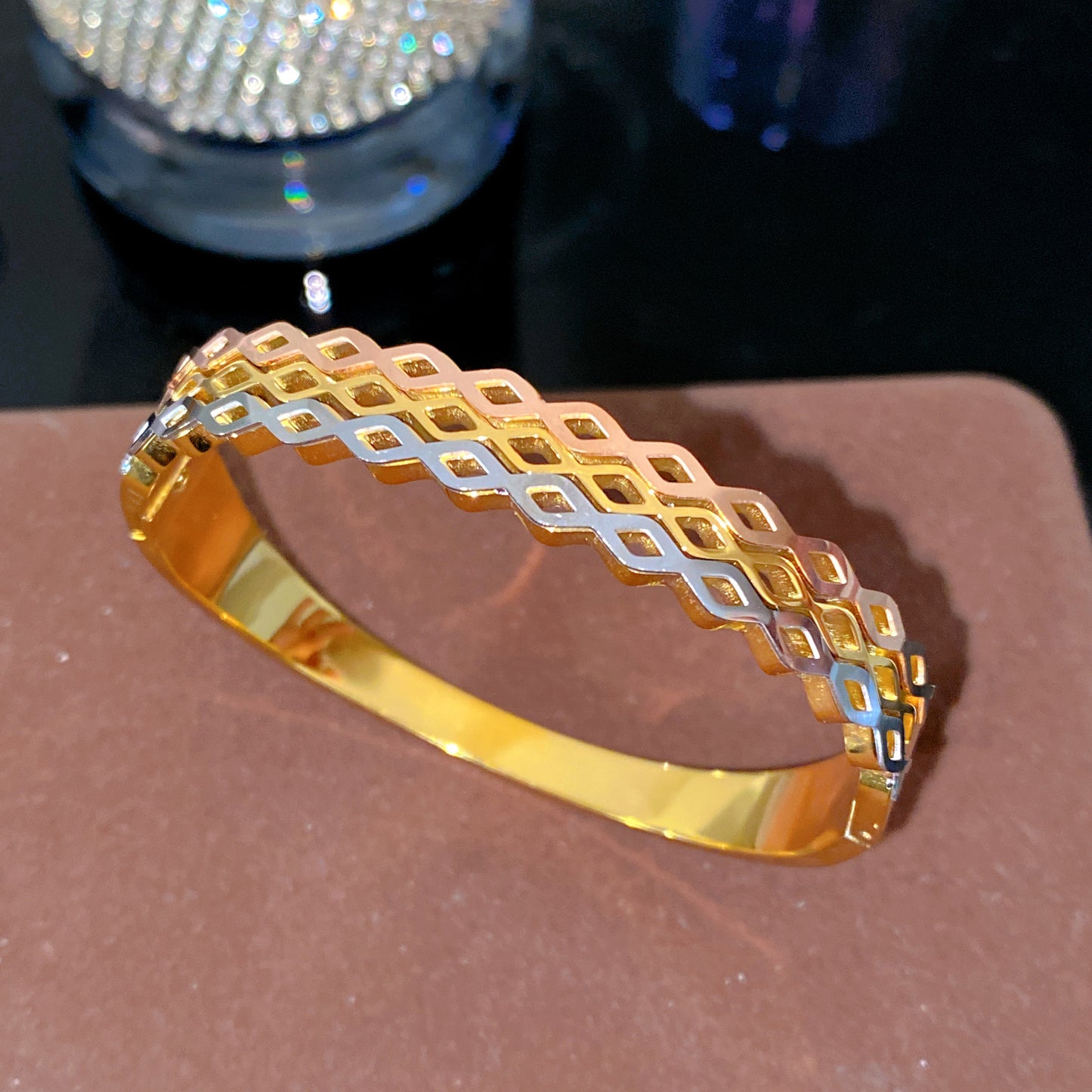 Minimalist Geometric Checkered Plated Titanium Steel Bracelet for Women