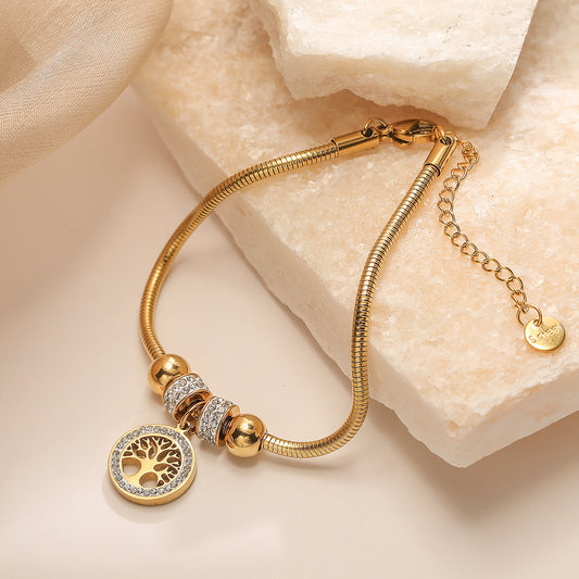 Pulsera con Colgante del Árbol de la Vida Geométrico de Moda para Mujer con Microincrustaciones de Circonita Cúbica y Baño de Oro de 18K en Acero Inoxidable
