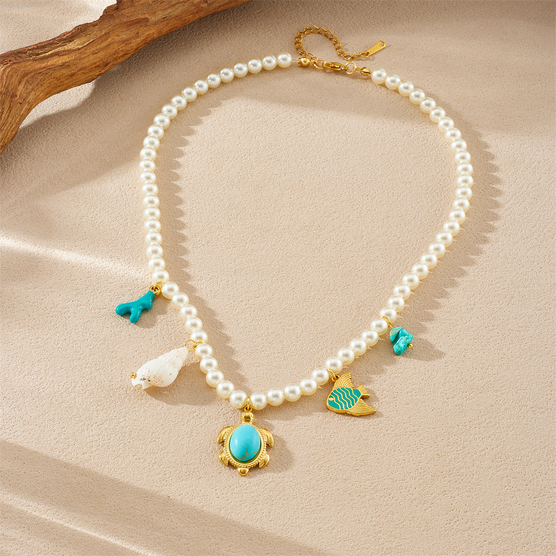 Sweet Gold Plated Drip Oil Animal Fish Turtle Conch Stainless Steel Pearl Turquoise Necklace for Women