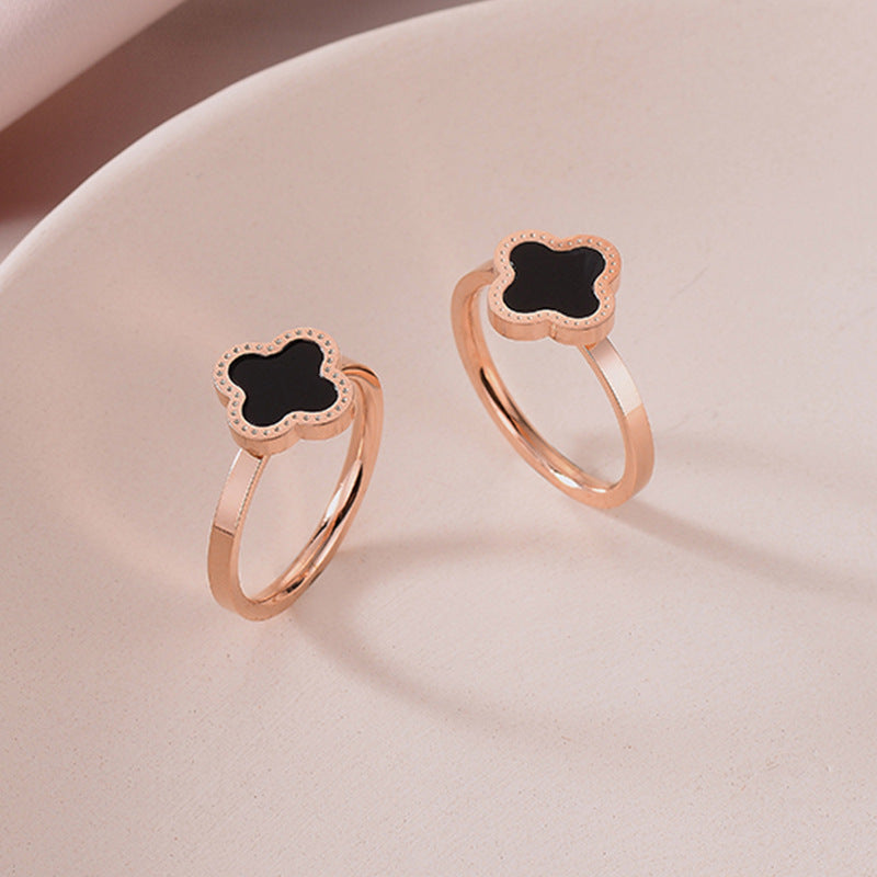 Minimalist Clover-Shaped Titanium Steel Ring for Women with 18K Rose Gold Plating