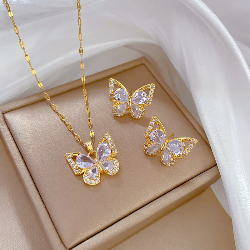 Parure di Orecchini e Collana in Rame Placcato con Zirconi Geometrici di Lusso