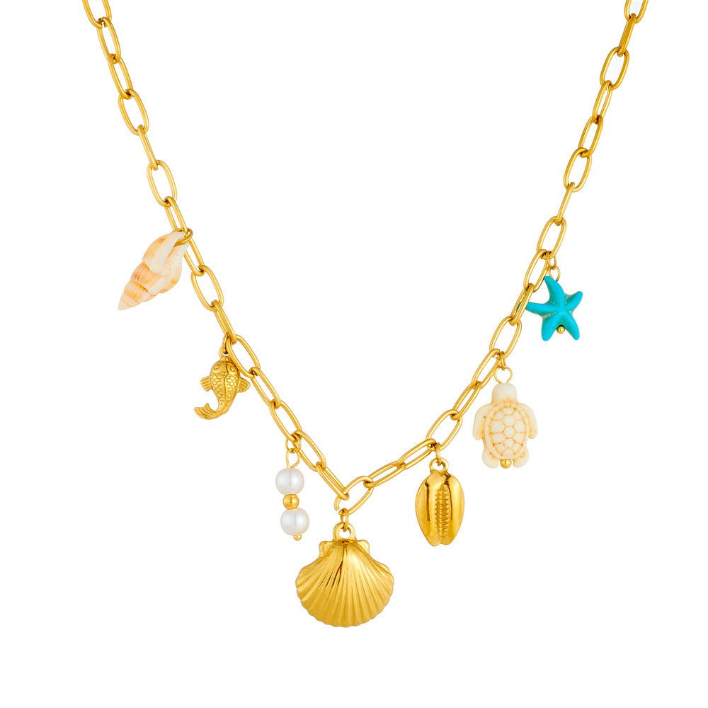 Fashion Gold Plated Stainless Steel Animal Shell Seahorse Turtle Starfish Pendant Curb Chain Necklace for Women
