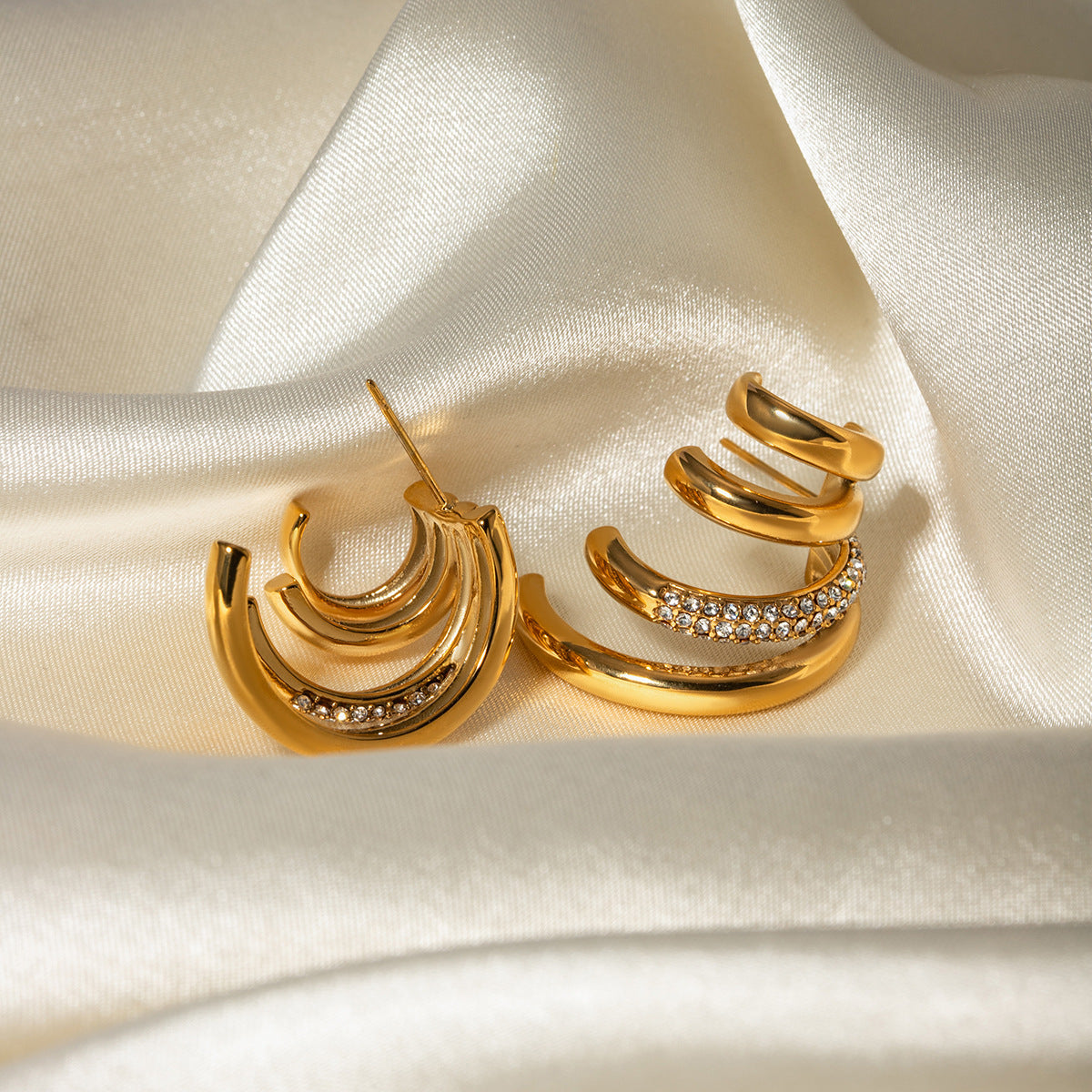 Minimalist Four-Layer C-Shaped Titanium Steel Earrings with 18K Gold Plating and White Rhinestone Accents for Women