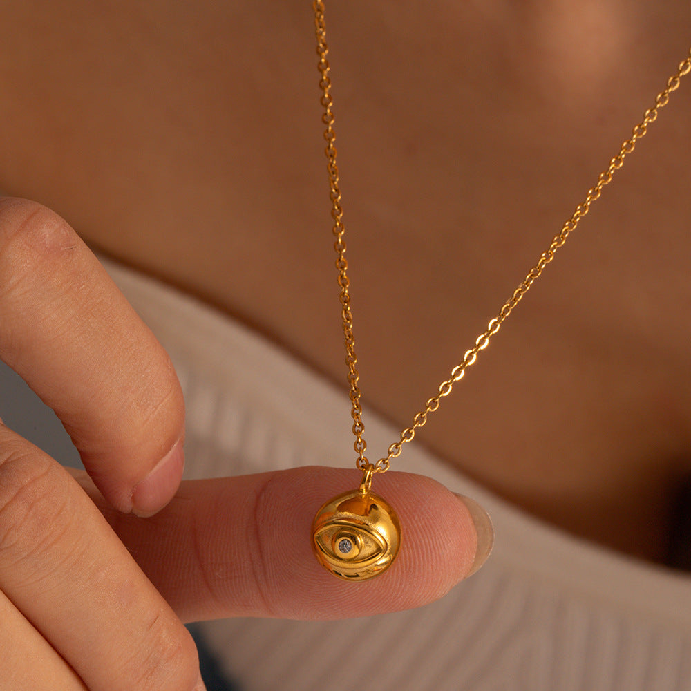 Ins Style Geometric Evil Eye Round Ball Pendant Necklace in Titanium Steel with 18K Gold Plated Stainless Steel Beaded Chain for Women