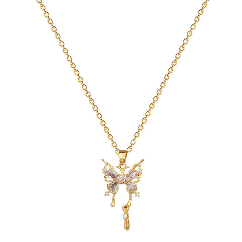 Sweet Minimalist Geometric Butterfly Rhinestone Pendant Titanium Steel Necklace for Unisex