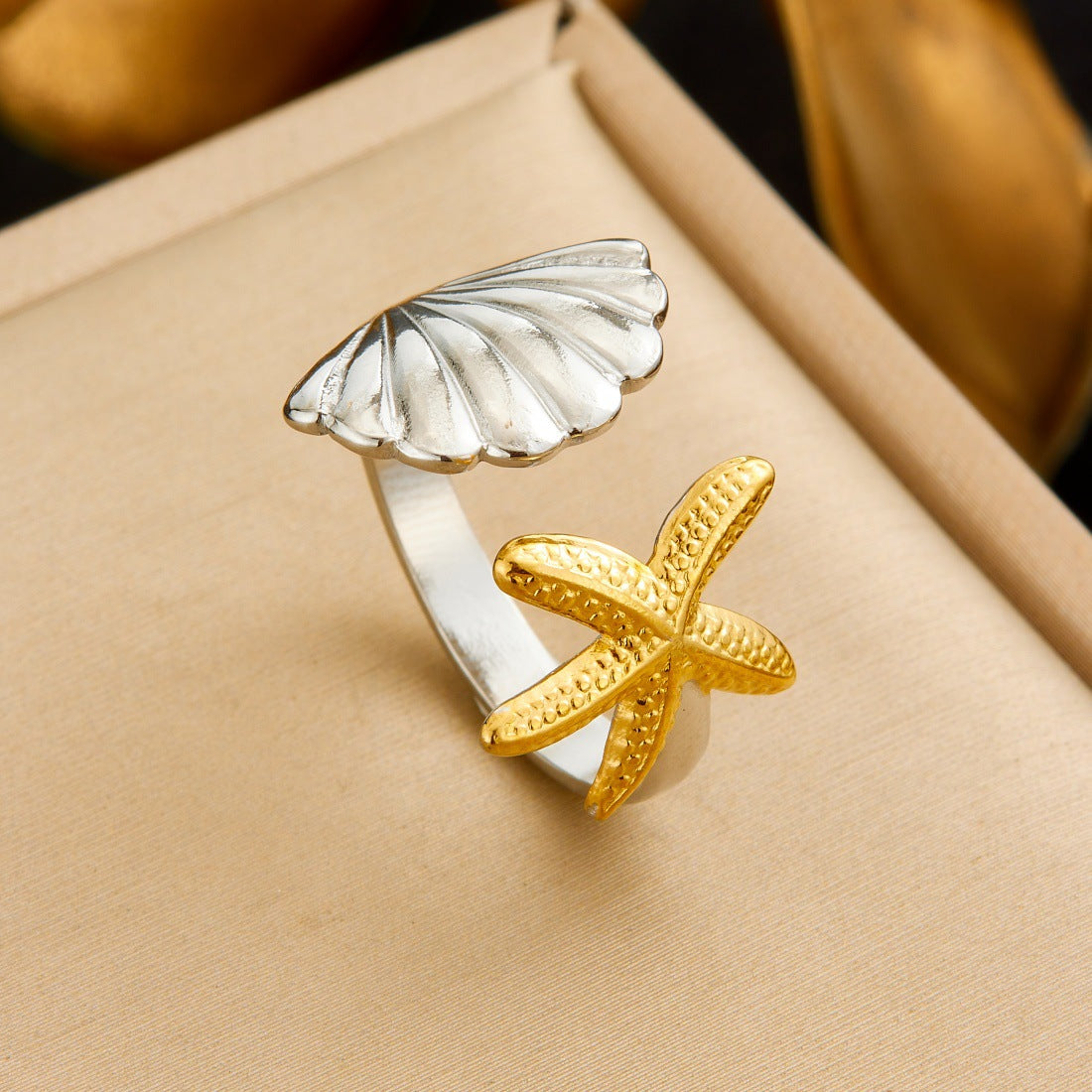 Trendy Gold Plated Floral Bow Stainless Steel Open Ring