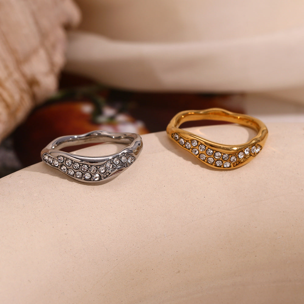Minimalist Geometric Stainless Steel Ring with Micro-Pavé White Zirconia and 18K Gold Plating for Women
