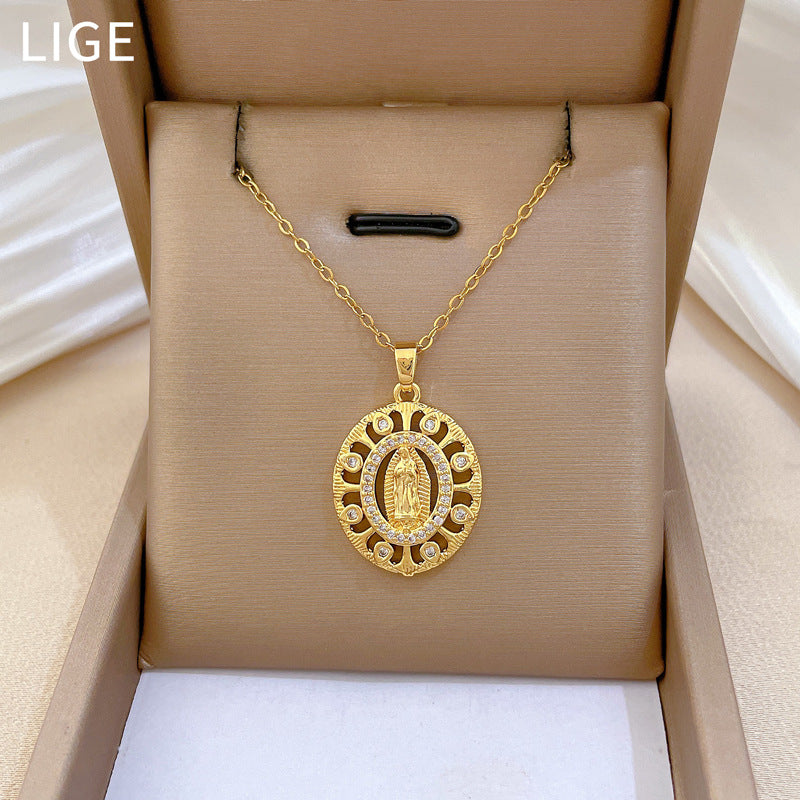 Collar con colgante de retrato en forma de huevo estilo dibujo animado para mujeres y hombres con incrustaciones de diamantes de imitación en cadena de acero inoxidable