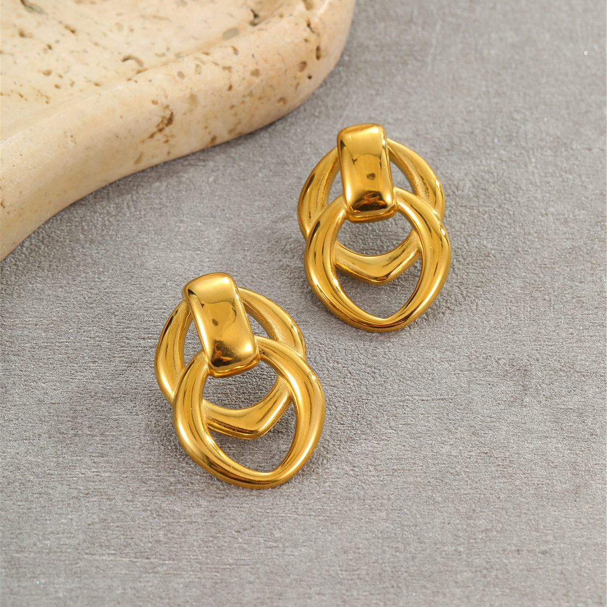 Orecchini a Cerchio Doppio Geometrici in Acciaio Inossidabile con Placcatura in Oro 18K da Donna, Gioielli Minimalisti per Orecchie Eleganti e da Ufficio