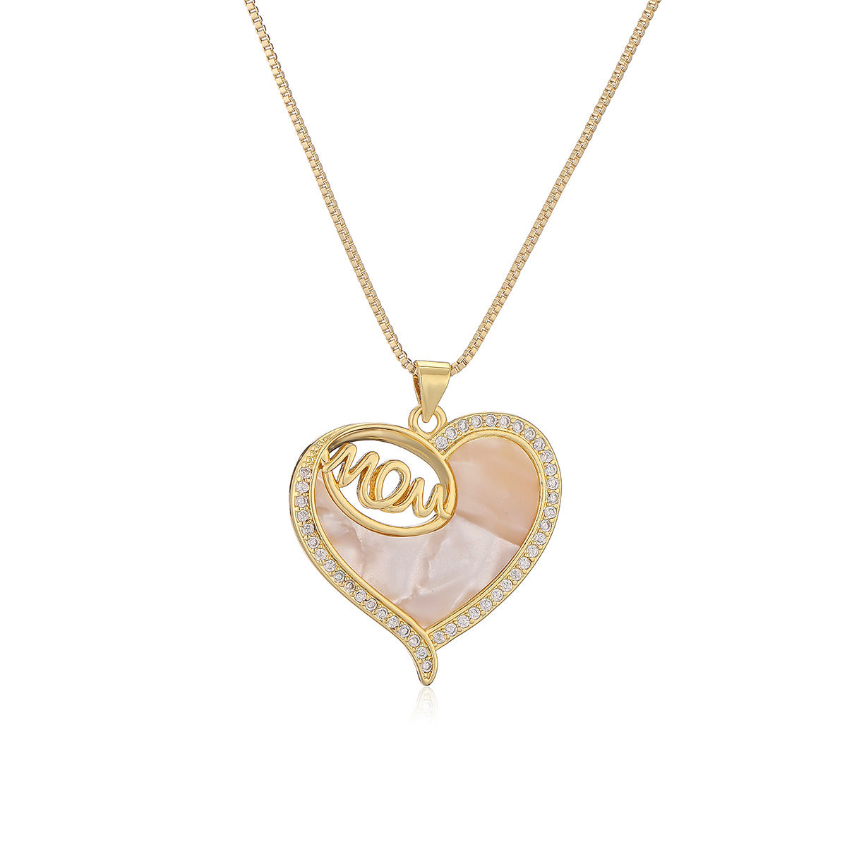 Collana Pendente Minimalista Geometrica MAMMA da Donna con Base in Rame Placcato in Oro Vero e Intarsio di Zirconi a Forma di Conchiglia