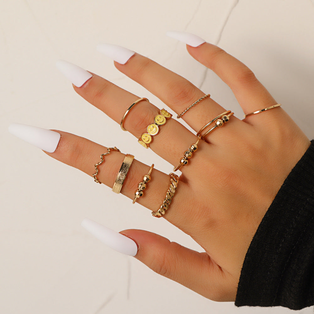 Sweet Minimalist Geometric Alloy Plated Drip Oil Smile Ring Set for Women