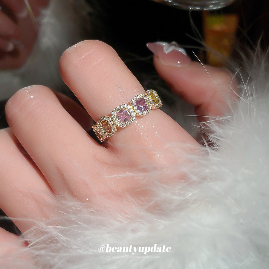 Anillo de Cobre Bañado en Oro, Geométrico Minimalista, de Cuatro Lados, con Incrustaciones de Zirconia para Mujer, Uso Diario, Estilo Lujoso, Banda para el Dedo Índice