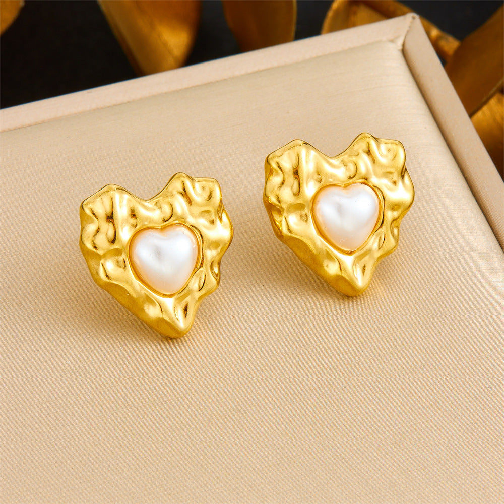 Vintage Gold Plated Heart Teardrop Stainless Steel Necklace and Earring Set with Turquoise and Pearl on Snake Chain for Women